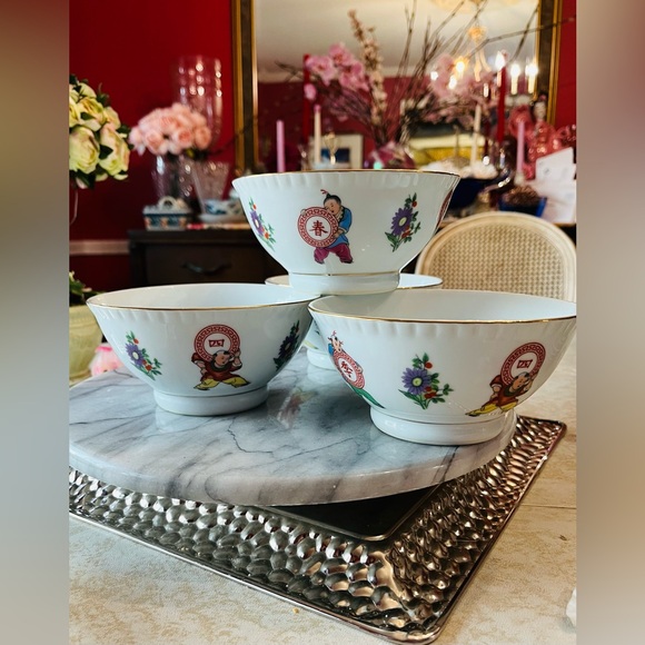 Set of 4 Vintage Jingdezhen Porcelain Bowls 5.5” -Lucky Boys \